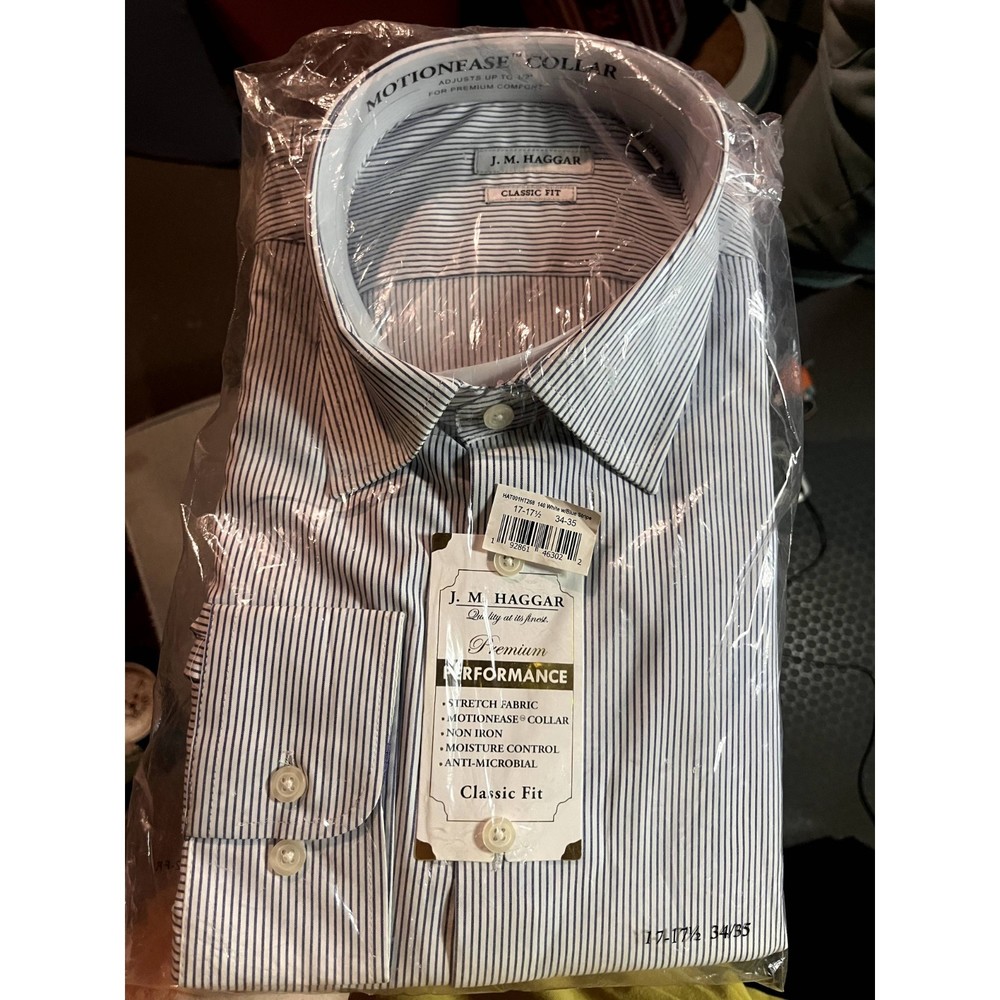 White and Blue Striped Button-up (NWT, J.M. Haggard, Size 17-17 1/2 -- 34-35)